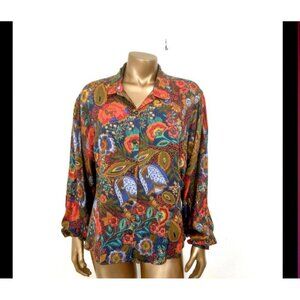 VTG 80s Howard Wolf Batik Floral Dolman‎ Sleeve Blouse Button Up Size L Colorful